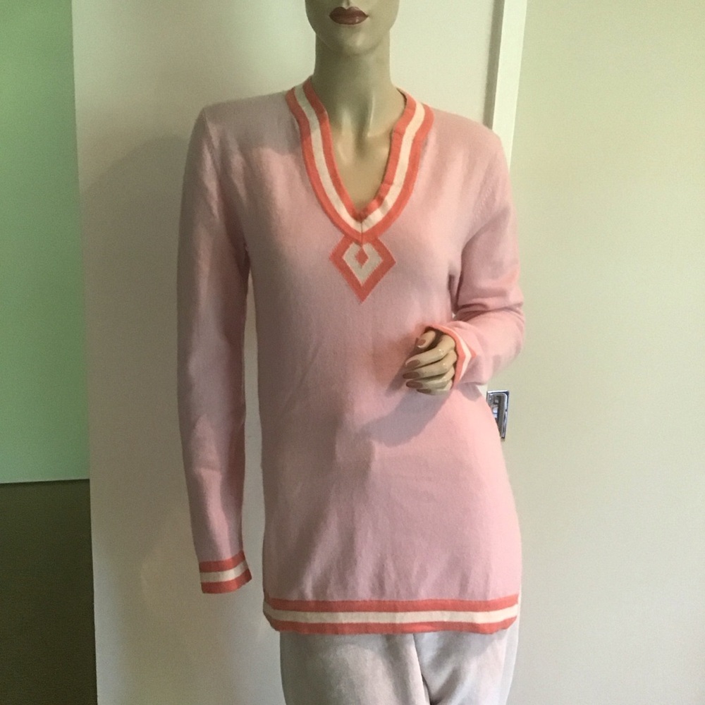 Two Bees Cashmere‎ Deep V Neck 100% Pink Coral Preppy Varsity Graphic Sweater S